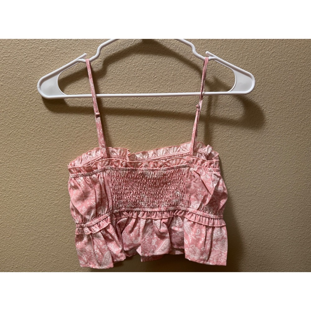 Lilou Pink Paisley Smocked Crop Top Ruffle Cami Adjustable Straps Small - Picture 3 of 5